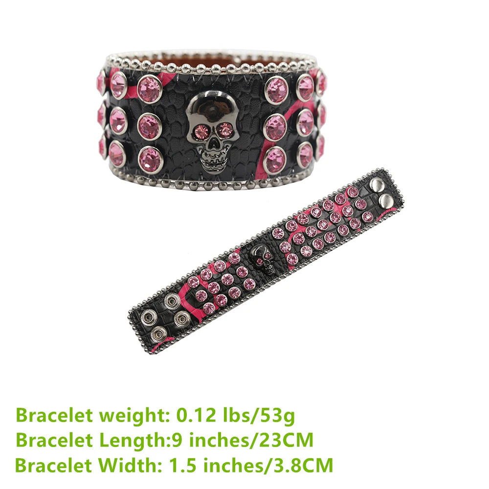 Wide Rhinestone Skull Bracelet – PU Leather Statement Cuff Bracelets LUNARITY GARAGE