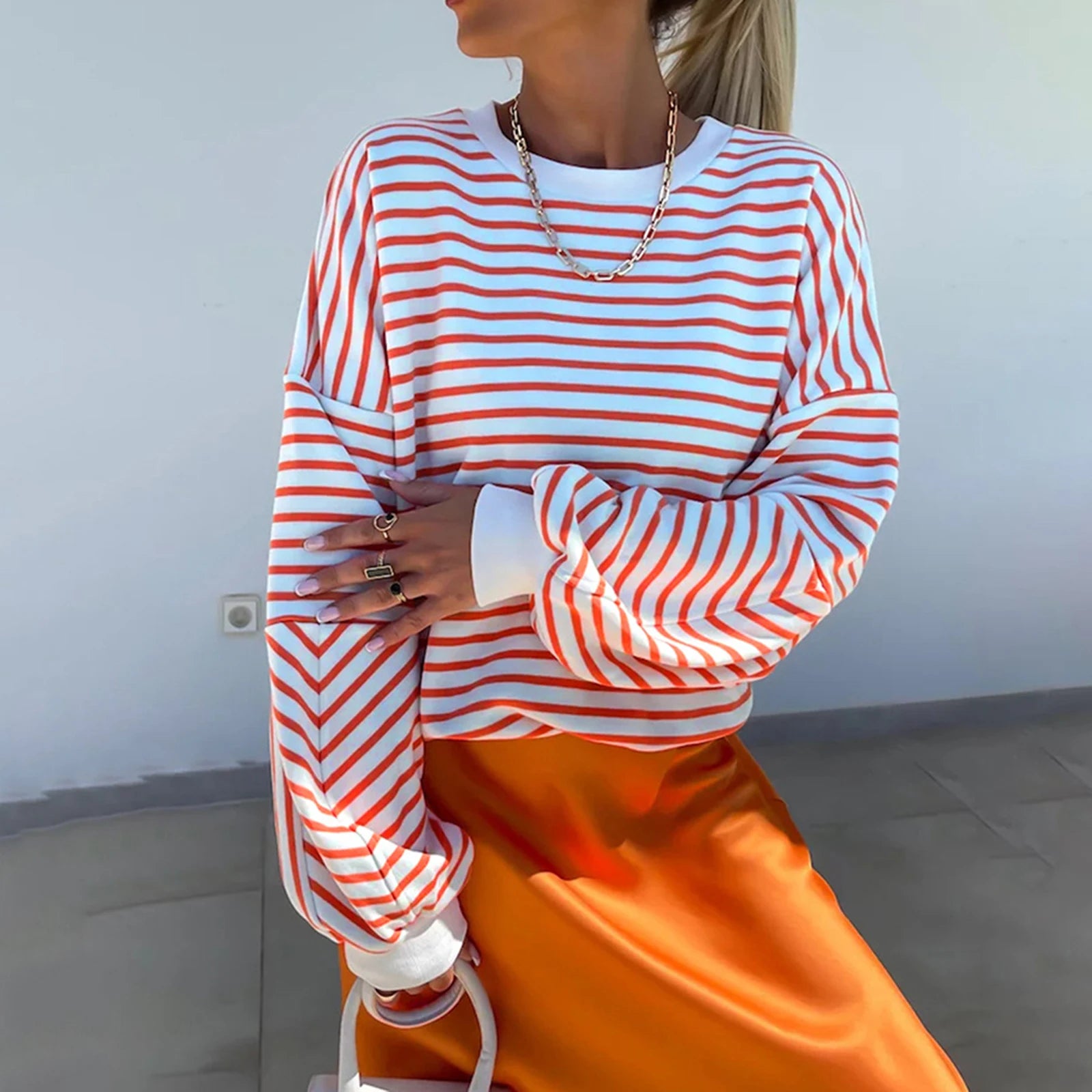 Striped Print Crew Neck Sweatshirt – Casual Long Sleeve Pullover for Fall & Winter Streetwear Sweaters LUNARITY GARAGE Red S