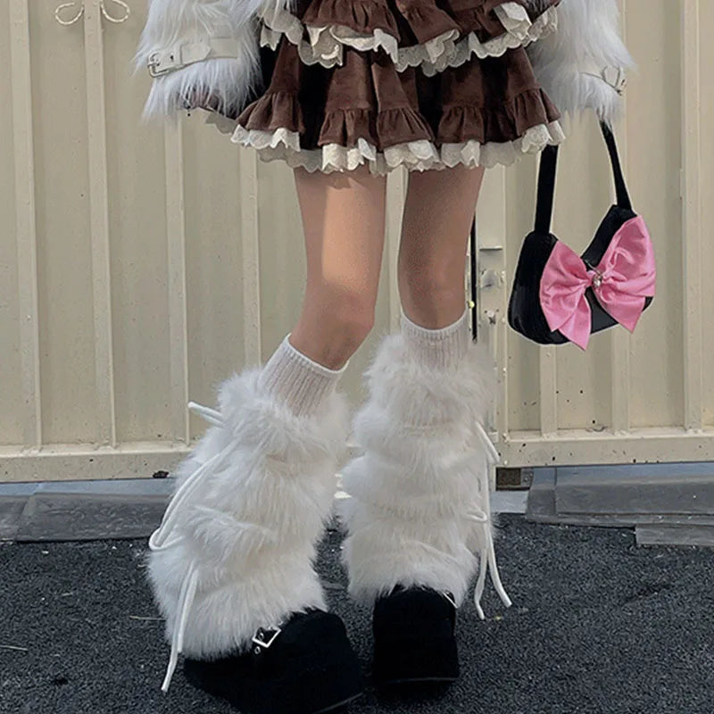 Punk Bow Tie Faux Rabbit Fur Leg Warmers – Y2K Winter Plush Boot Covers for Cold Weather Leg Warmers LUNARITY GARAGE   
