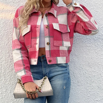 Vintage Plaid Short Jacket – Classic Y2K Streetwear Jackets Lunarity Garage Rose Red S