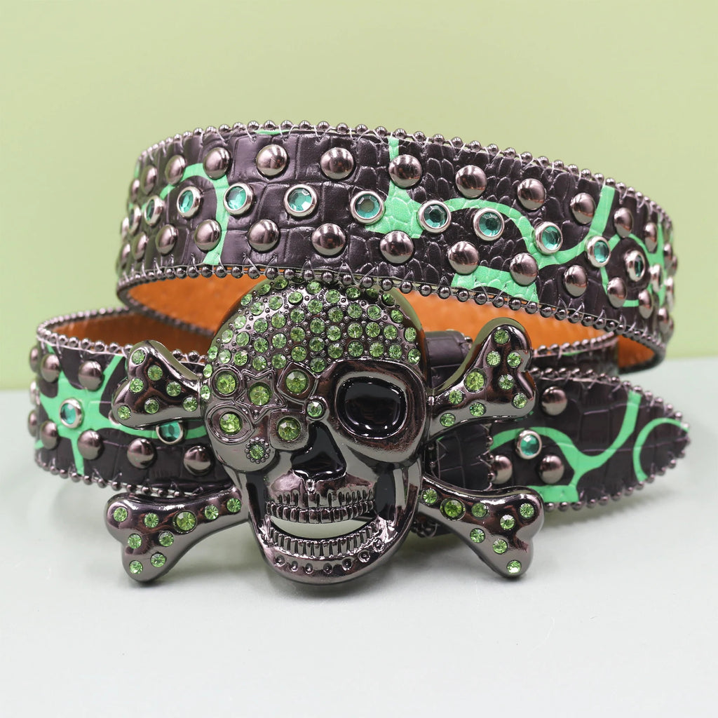 Fashion Rhinestone Studded Belt – White Leopard Y2K Gothic Style Belt LUNARITY GARAGE Green 105CM