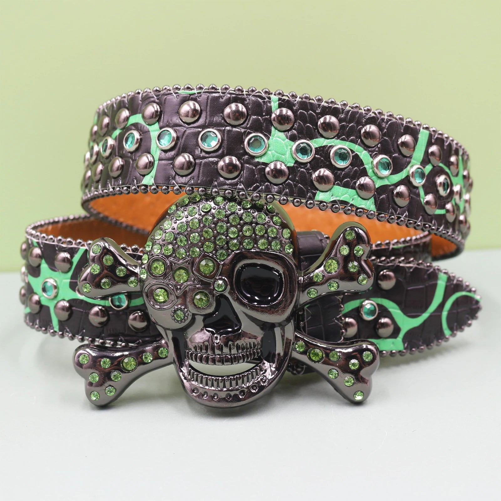 Fashion Rhinestone Studded Belt – White Leopard Y2K Gothic Style Belt LUNARITY GARAGE Green 105CM