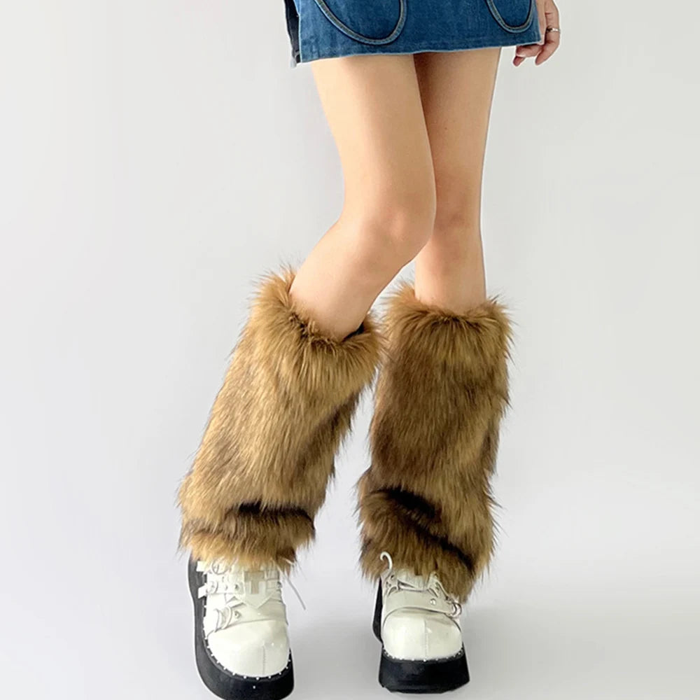 Y2k Vintage Faux Fur Leg Warmers Hot Girl Harajuku Winter Warm Furry Boots Cover Socks Jk Punk Hiphop Cosplay Accessories  LUNARITY GARAGE brown 40cm