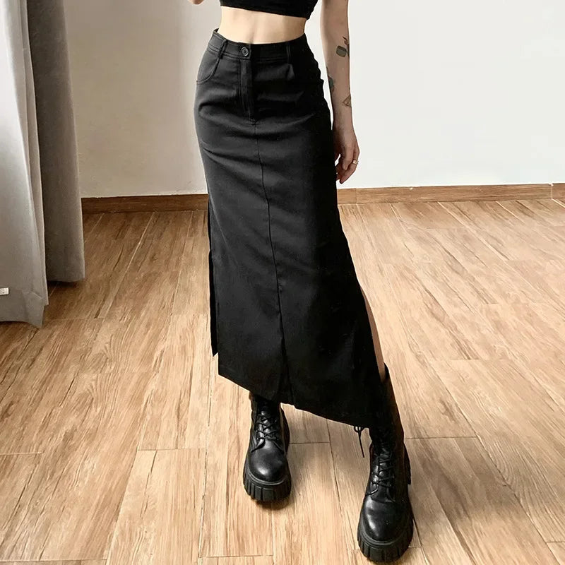 Gothic Punk High Waist Midi Skirt – Edgy & Chic Skirts LUNARITY GARAGE
