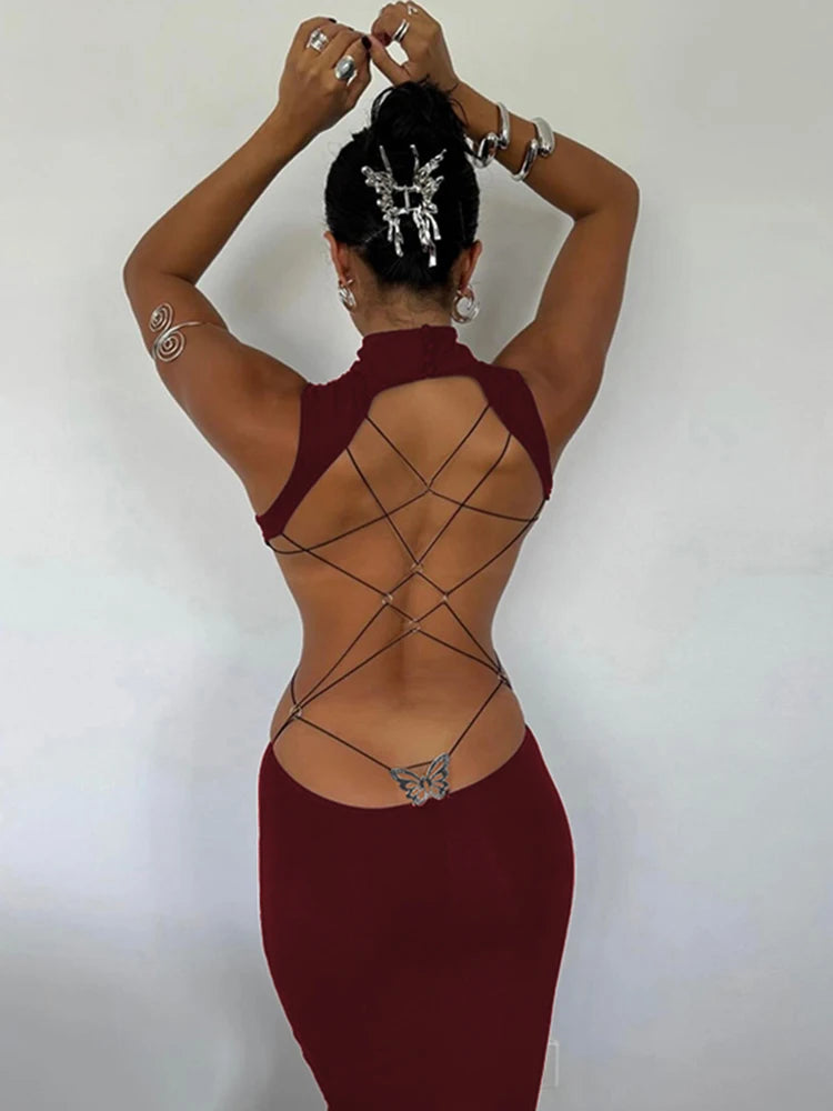 Backless High Collar Bodycon Maxi Dress – Elegance & Allure dress LUNARITY GARAGE Claret S