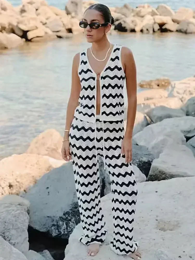 Coastal Cool: The Wave Striped Knit Two-Piece Set Clothing Set LUNARITY GARAGE
