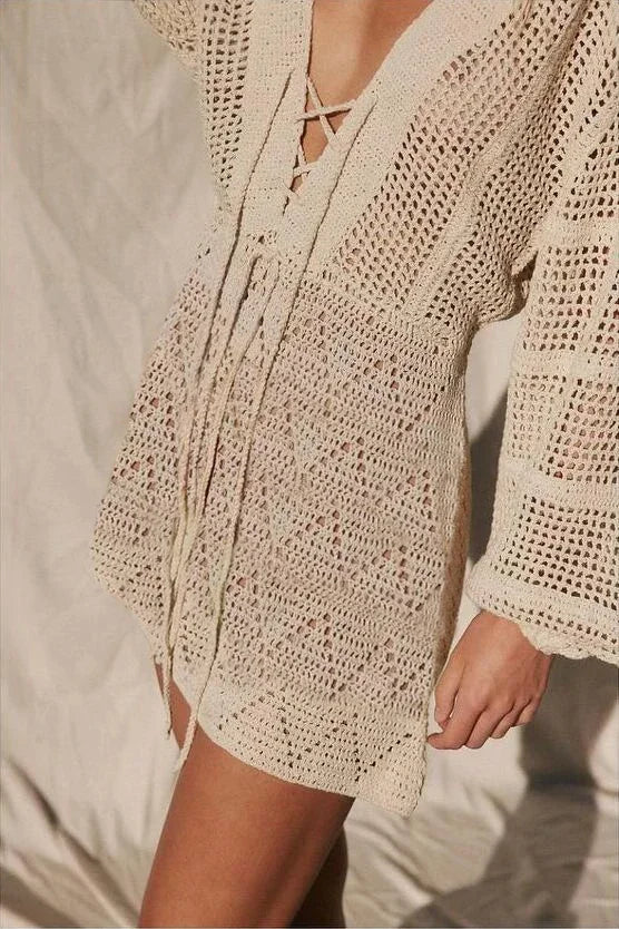 Daring Winter Warmth: The Sexy See-Through Deep V-Neck Knit Mini Dress Dress LUNARITY GARAGE