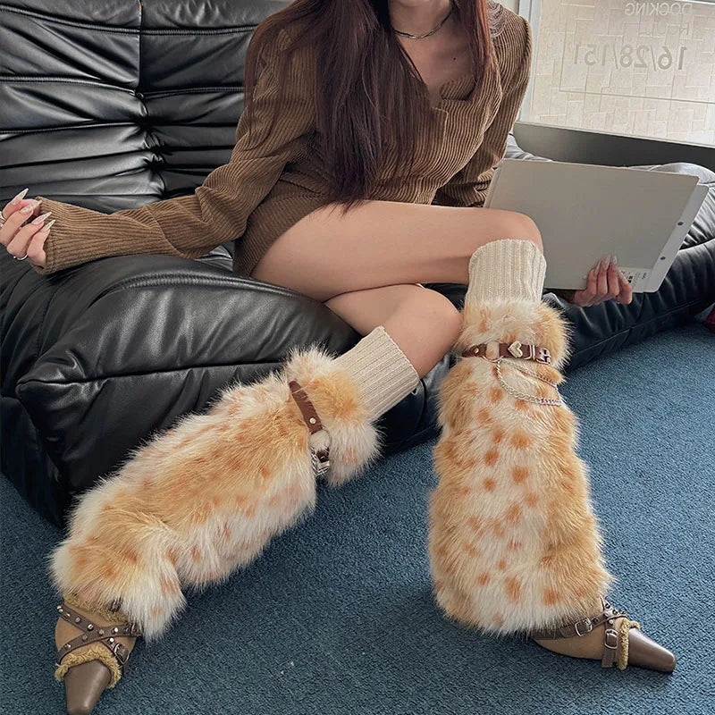 Winter Leopard Print Faux Fur Leg Warmers – Y2K Plush Punk Chain PU Belt, Harajuku Thickened Boots Cover, Fluffy Socks Leg warmer LUNARITY GARAGE