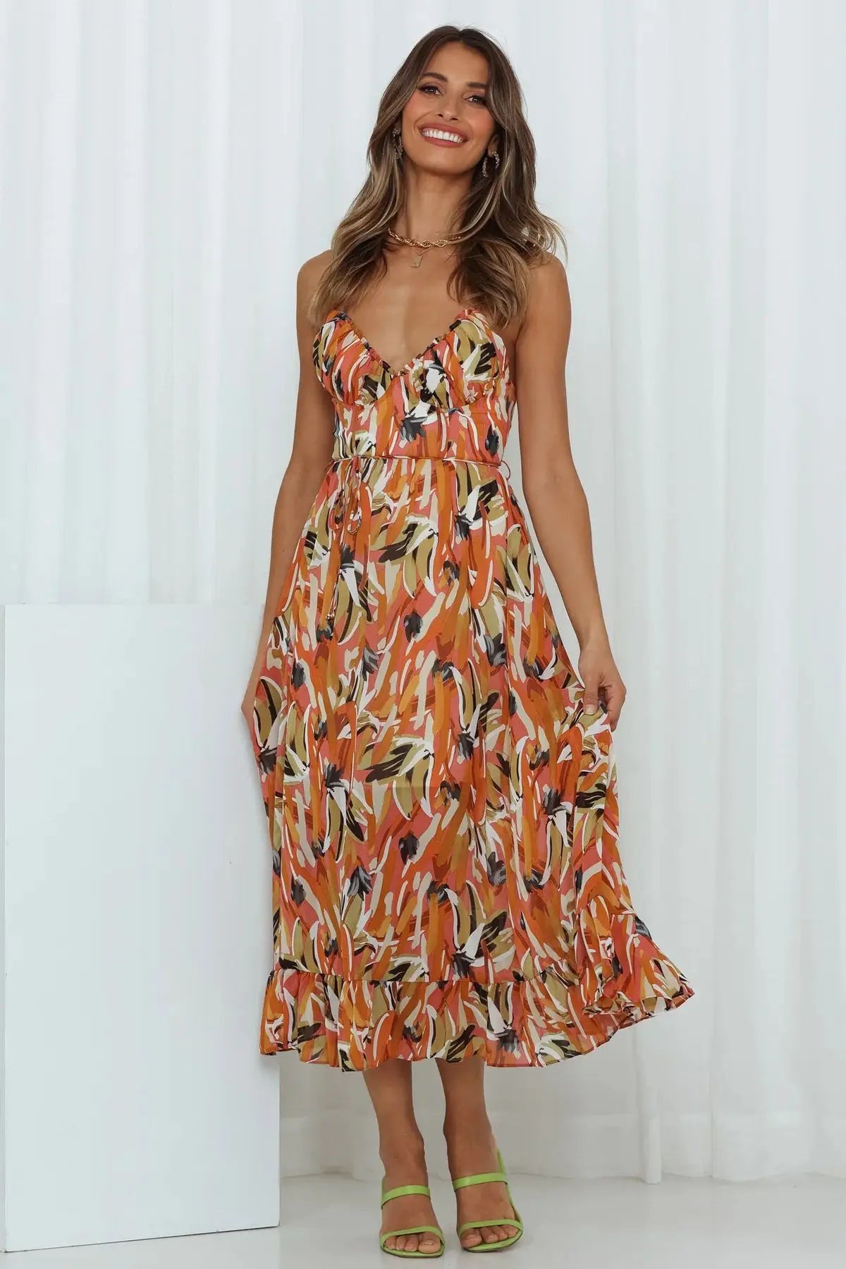 Bohemian Floral Print Mid-Calf Dress - Spaghetti Strap Sexy Casual Sundress Dress LUNARITY GARAGE