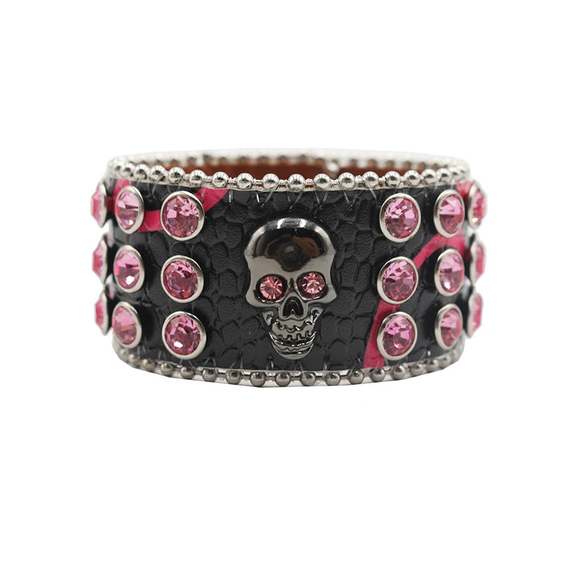 Wide Rhinestone Skull Bracelet – PU Leather Statement Cuff Bracelets LUNARITY GARAGE HW-Pink