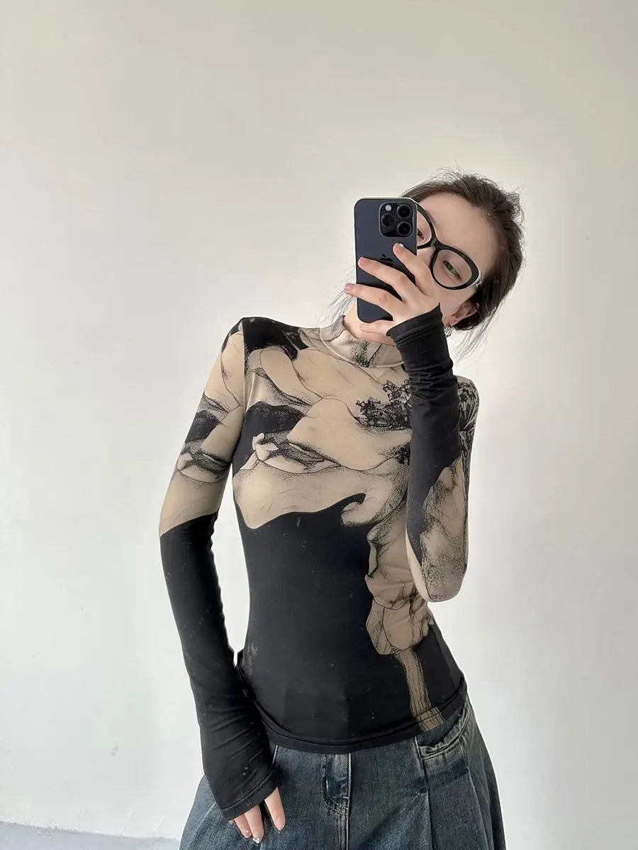 Vintage Floral Print Turtleneck T-Shirt - Korean Long Sleeve Tunic Tee BLOUSE LUNARITY GARAGE