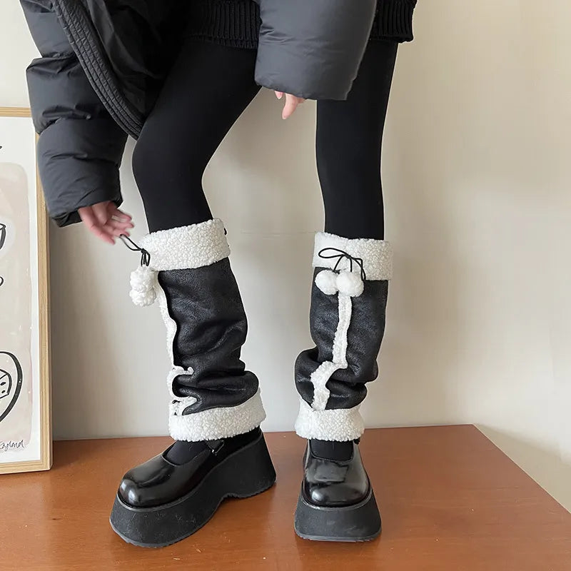 Punk Thickened Lamb’s Wool Suede Leg Warmers – Y2K Winter Knee Warmers with Plush Fur Ball Detail Leg Warmers LUNARITY GARAGE Long Ball 45-50cm
