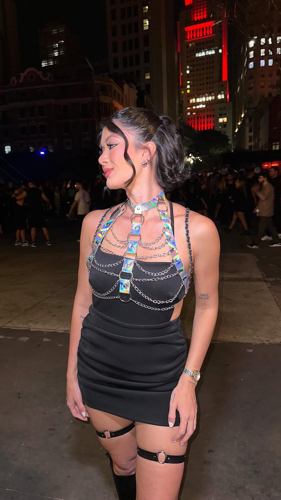 Gothic Faux Leather Holographic Outfit Sexy Backless Metal Chain Tops Adjustable Mini Skirt Night Party Rave Festival 2 Pcs Set rave outfit LUNARITY GARAGE Only Tops One Size
