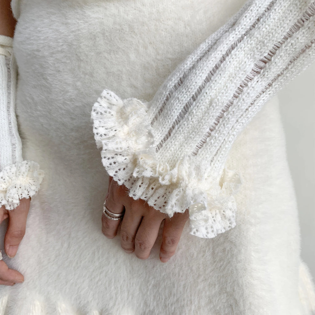 Y2K Lace Knit Fingerless Gloves with Tied Cuffs – Punk Women’s Strap Hand Sleeves, Gothic Lolita & JK Style Accessories Gloves LUNARITY GARAGE   