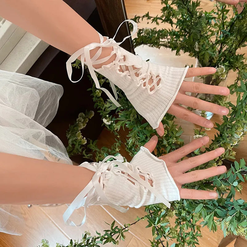 Women Lolita JK Lace Fingerless Gloves - Gothic Strapping Mesh Sunscreen Sleeves Gloves Lunarity Garage   