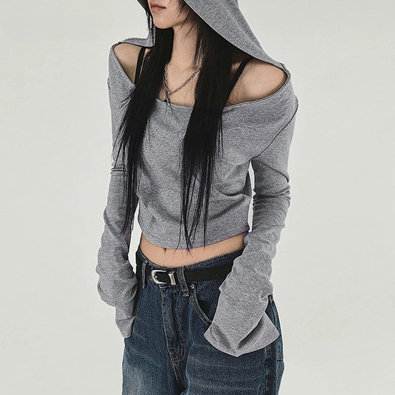 Y2K Grunge Hooded Long Sleeve Top – Slim Fit Vintage Streetwear Tops Lunarity Garage
