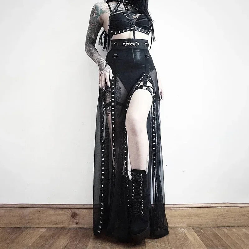 Harajuku Punk Goth Skirt for Women – Black Hollow Out Eyelet Split Long Skirt Skirts LUNARITY GARAGE