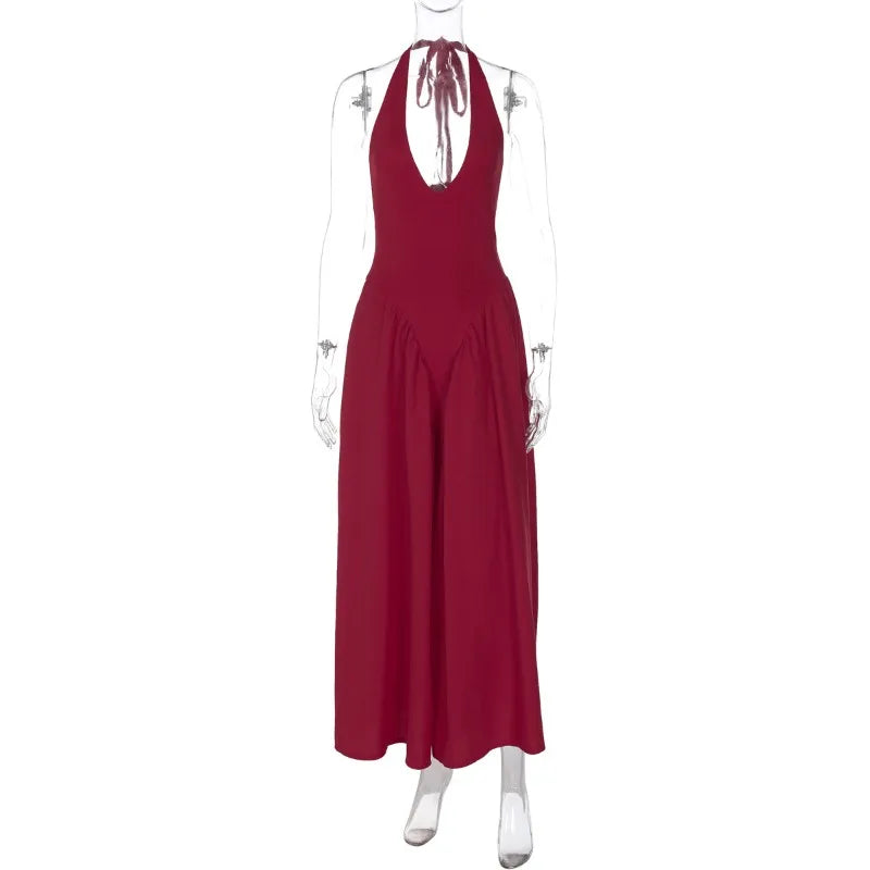 Backless Deep V Spliced Long Dress | Summer Women's Sexy Party & Halter Fashion Slim White Sleeveless Dress Dress LUNARITY GARAGE Claret S