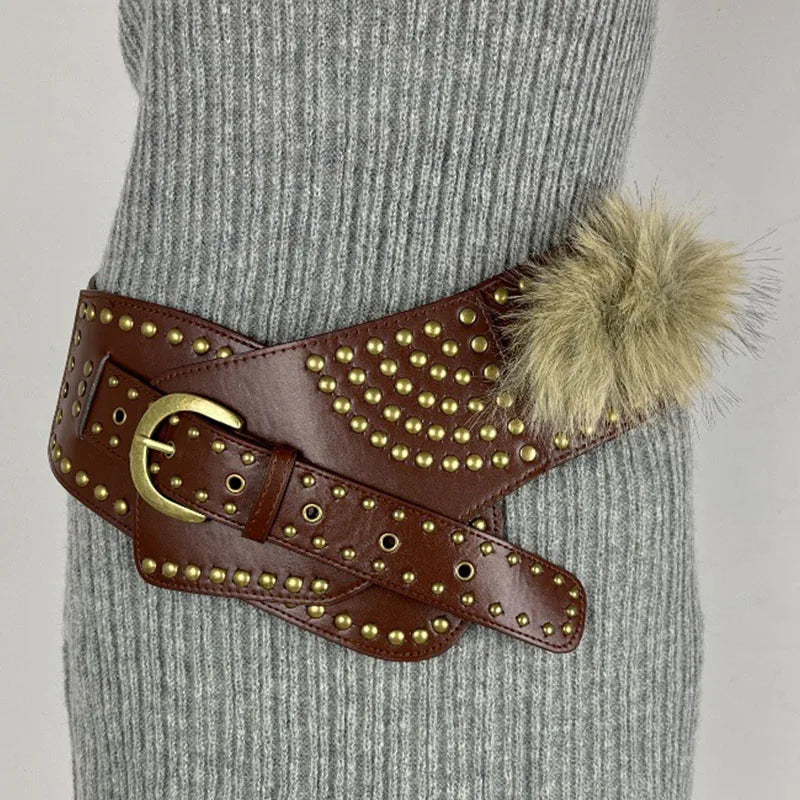 Punk Studded Fur Belt - Vintage Cowgirl Y2K Gothic Waistband for Night Club Dress Belt LUNARITY GARAGE Red Brown 180X5cm