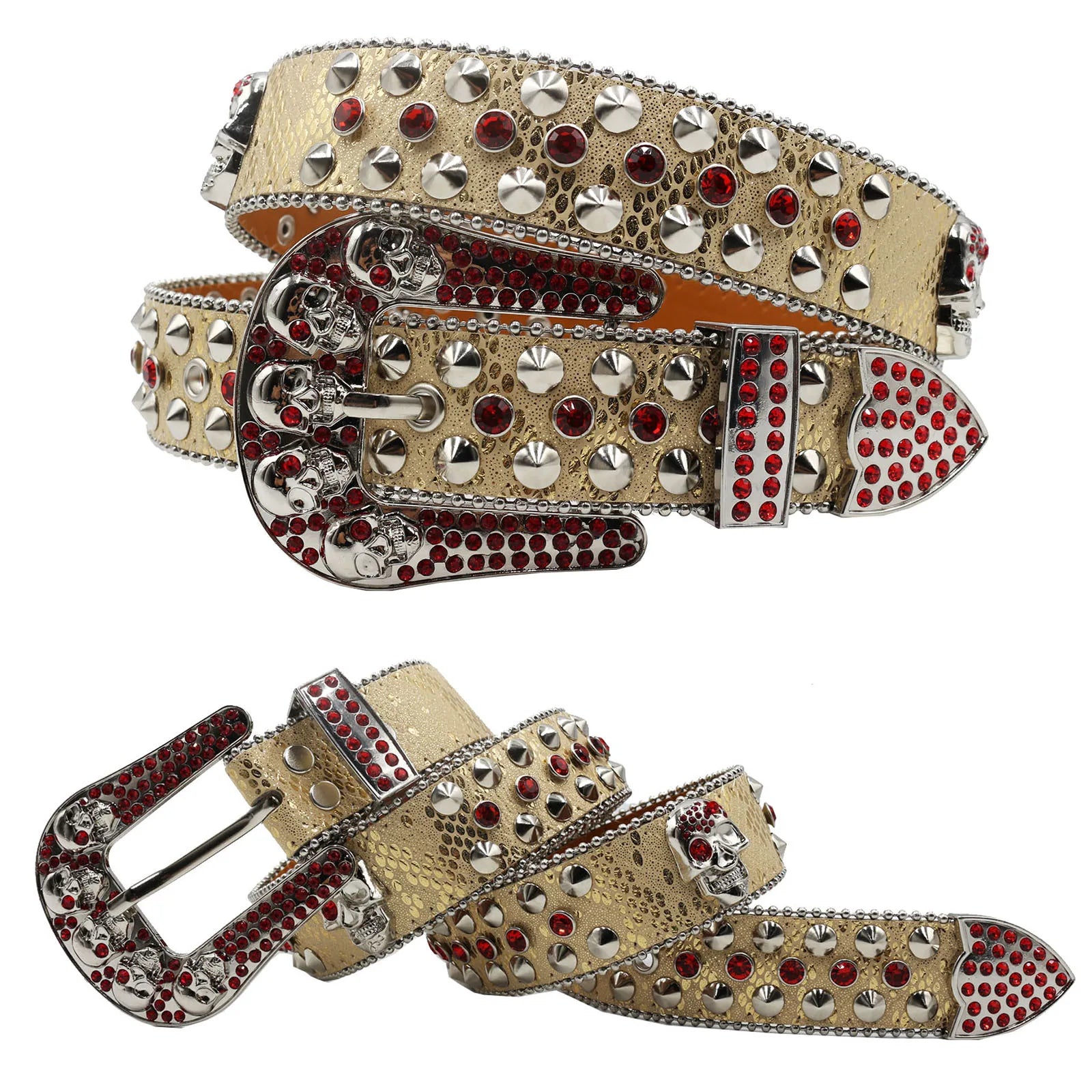 Skull Rhinestone Cowboy Belt – European & American Style Pin Buckle belt LUNARITY GARAGE JD-5Skull-Red 105CM