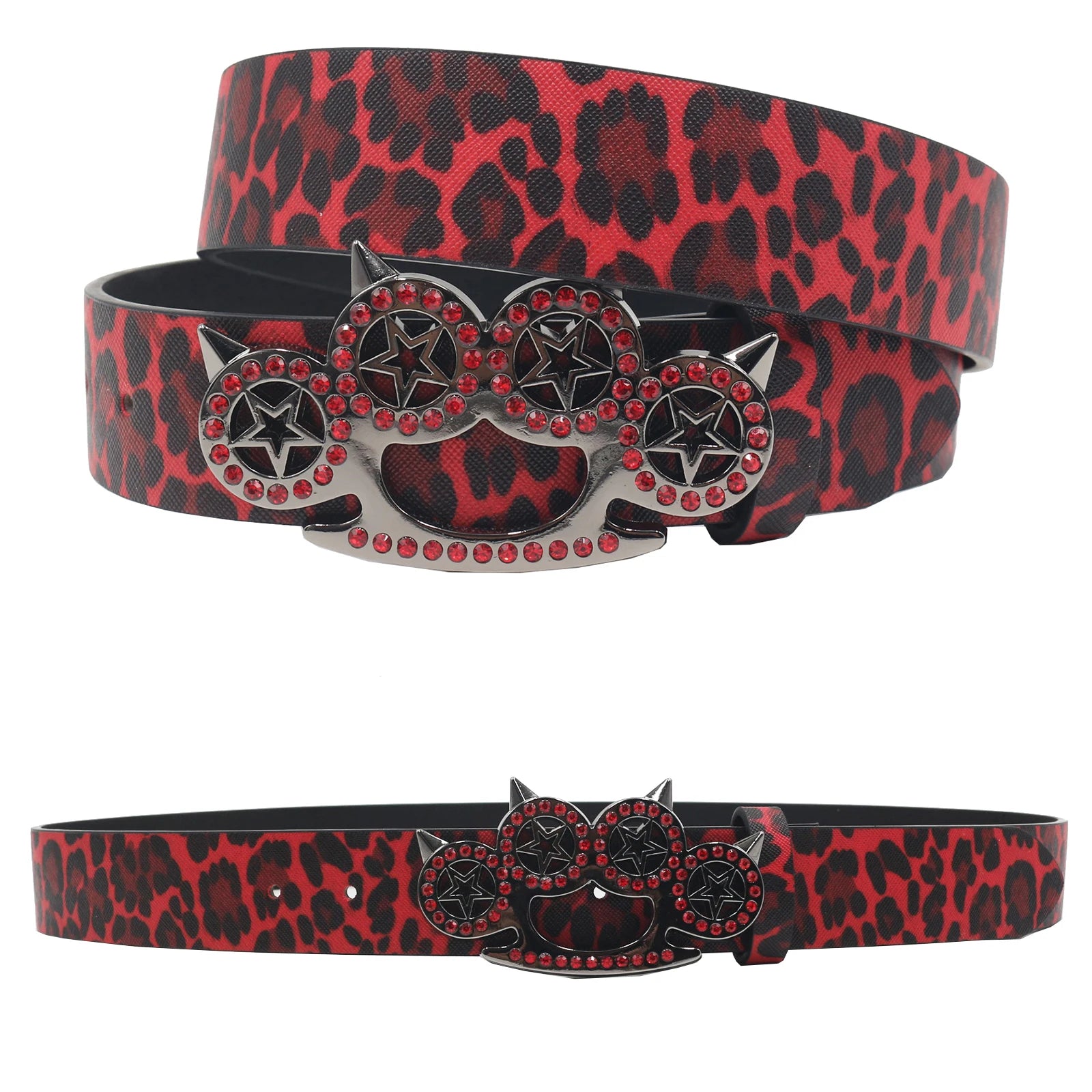 Leopard Print Trendy Rhinestone Belt – Elegant Shiny CAT Design (3.8cm) belt LUNARITY GARAGE Red 105CM