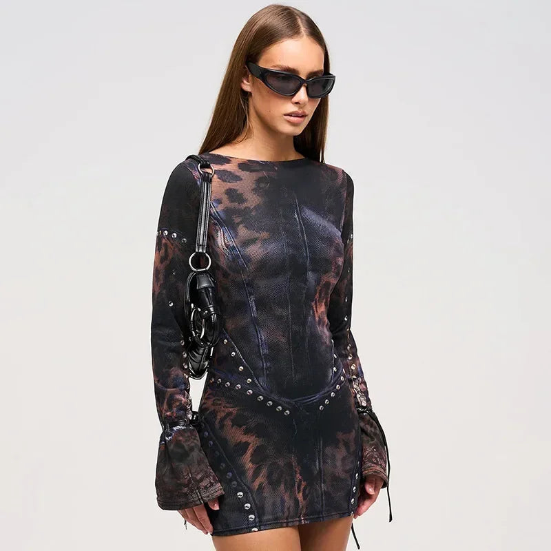 Vintage Print Sexy Bodycon Mini Dress - Autumn Winter Long Sleeve Party Dress Dress LUNARITY GARAGE