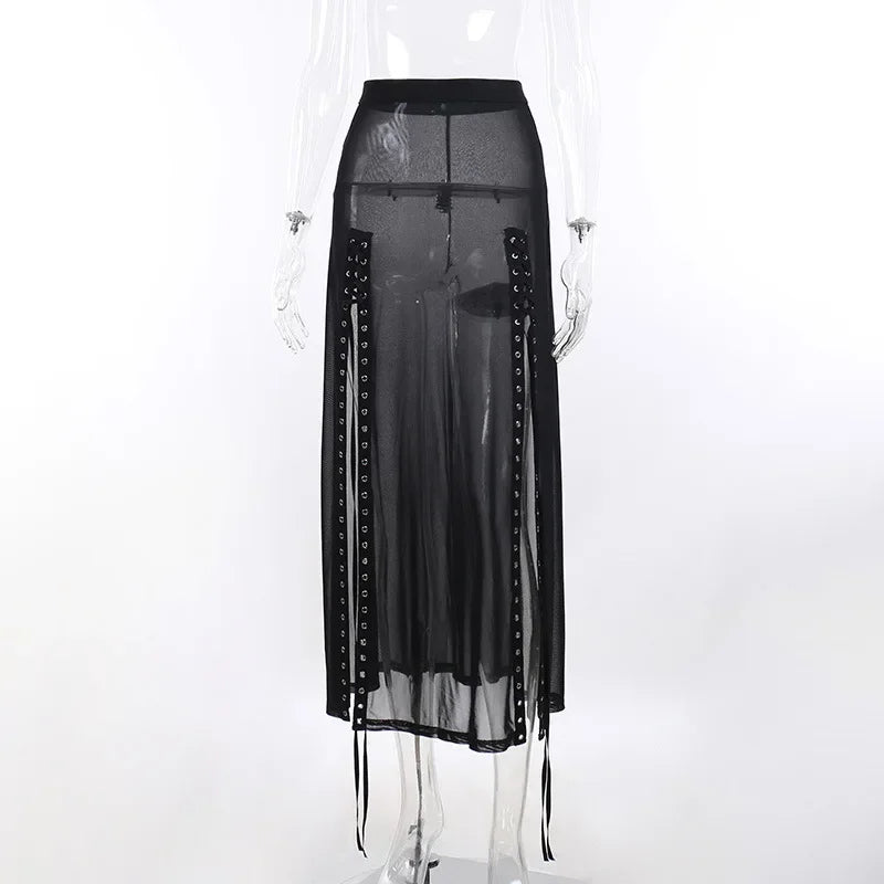 Harajuku Punk Goth Skirt for Women – Black Hollow Out Eyelet Split Long Skirt Skirts LUNARITY GARAGE