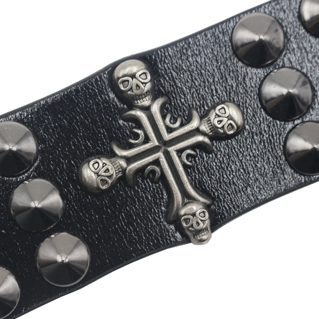 Skull Cross Rivet Wide Cuff Bracelet – Genuine Leather Punk Rock Bangle Bracelets LUNARITY GARAGE