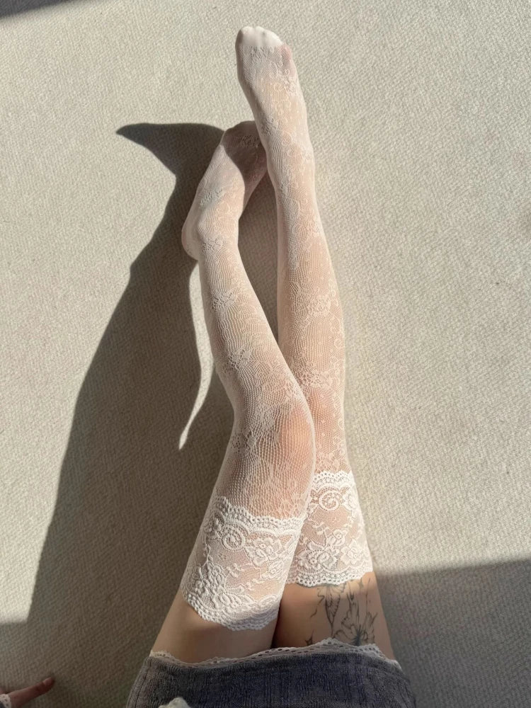 Women’s Lace Trim Nylon Fishnet Stockings – Retro Floral Mesh Thigh High Stockings LUNARITY GARAGE
