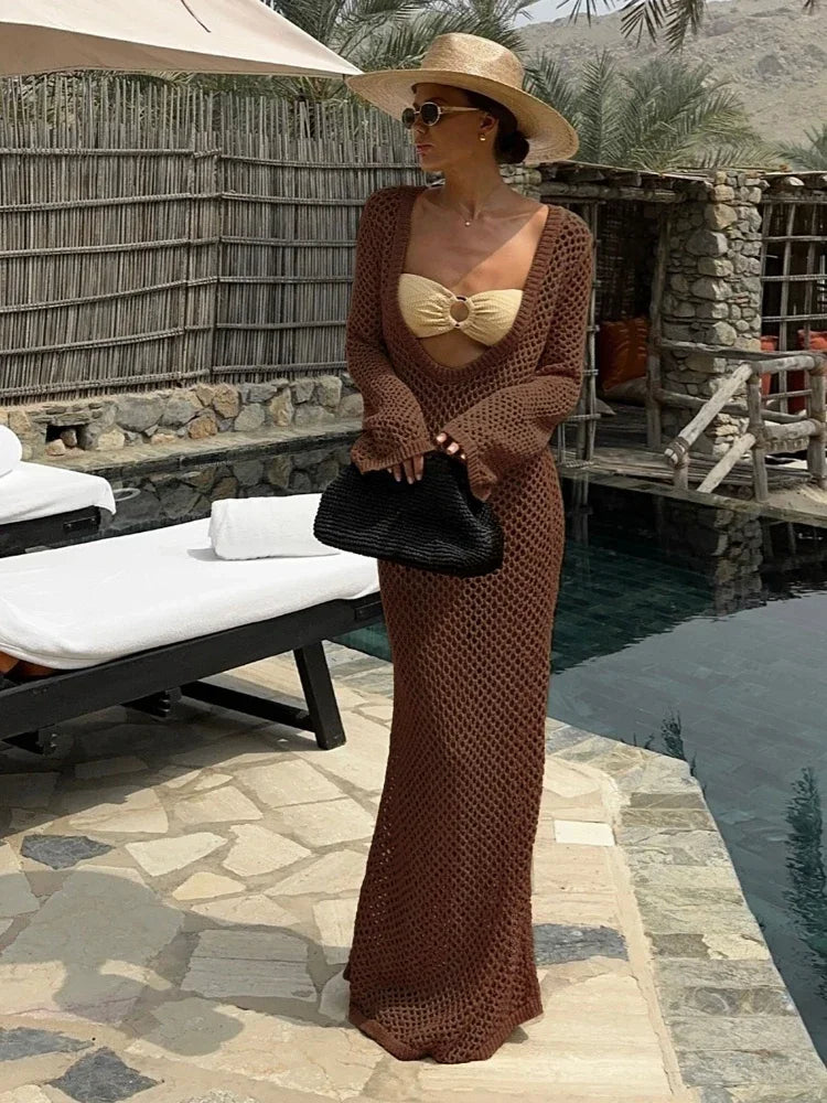 Sexy U-Neck Bell Sleeve Knit Maxi Dress | Summer Beach Cover-Up & Holiday Outfit K21 cover up LUNARITY GARAGE Dark Brown S