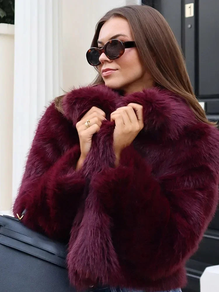 Burgundy Faux Fur Coat Vintage Long Sleeve Furry Warm Jackets Jackets LUNARITY GARAGE