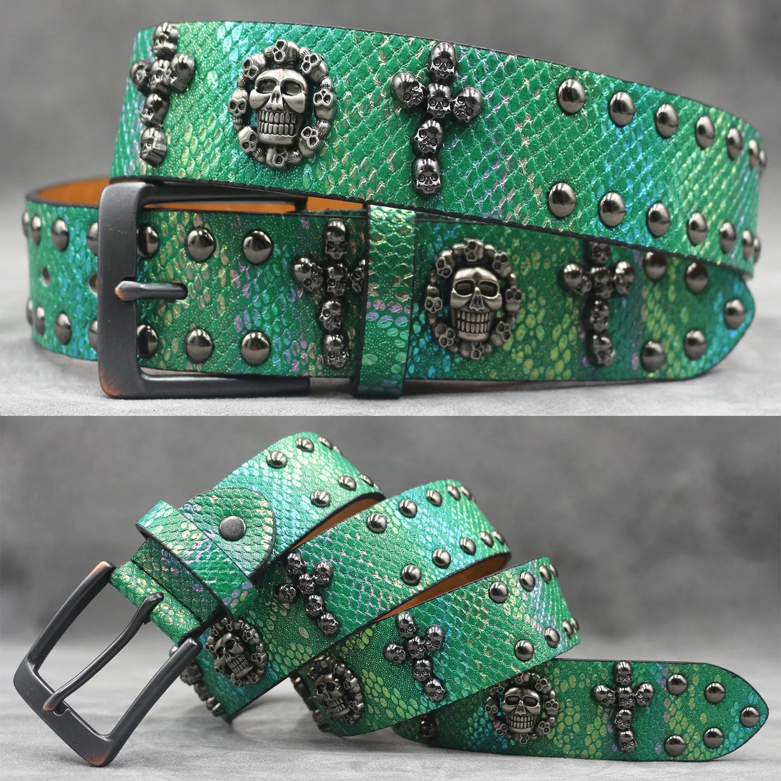 Y2K Metal Punk Rock Rivet Belt – Skull Studded Goth Style (3.8cm) belt LUNARITY GARAGE Green 105CM