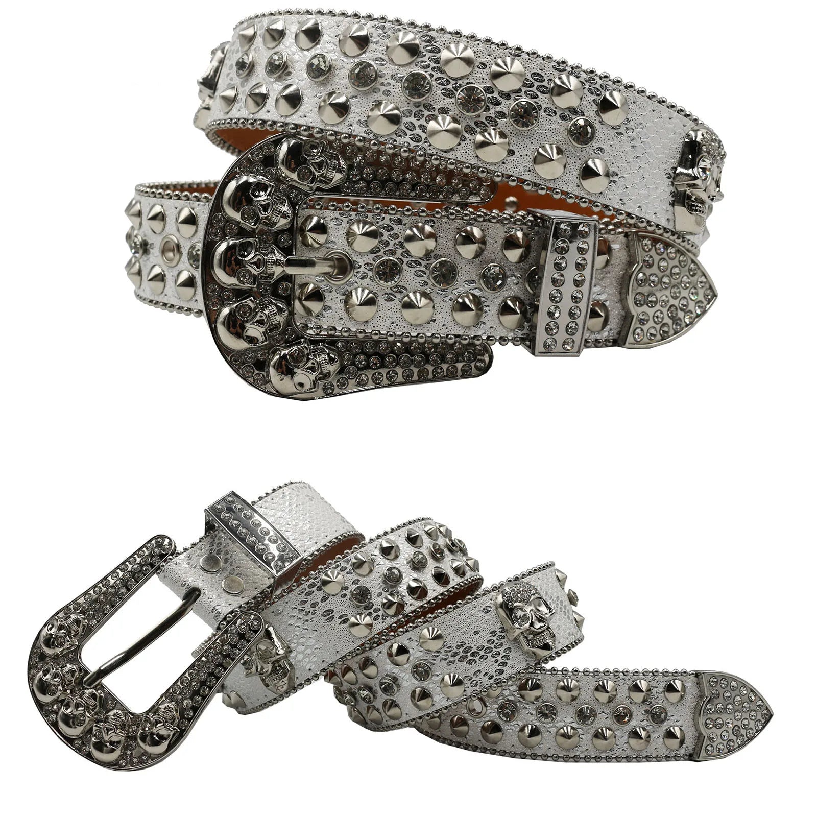 Skull Rhinestone Cowboy Belt – European & American Style Pin Buckle belt LUNARITY GARAGE JD-5Skull-Silver 115CM