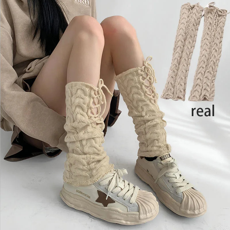 Y2K Harajuku Winter Style Strappy Knitted Leg Warmer Leg Warmers Lunarity Garage Beige(not yellow) 40cm