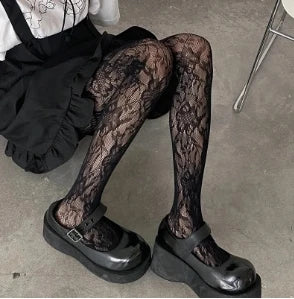 Women Lace Sling-back Fishnet Stockings Pantyhose Retro Sexy Flower Leggings Tights Underwear Lolita Hollow Party Lingerie LUNARITY GARAGE Black 1