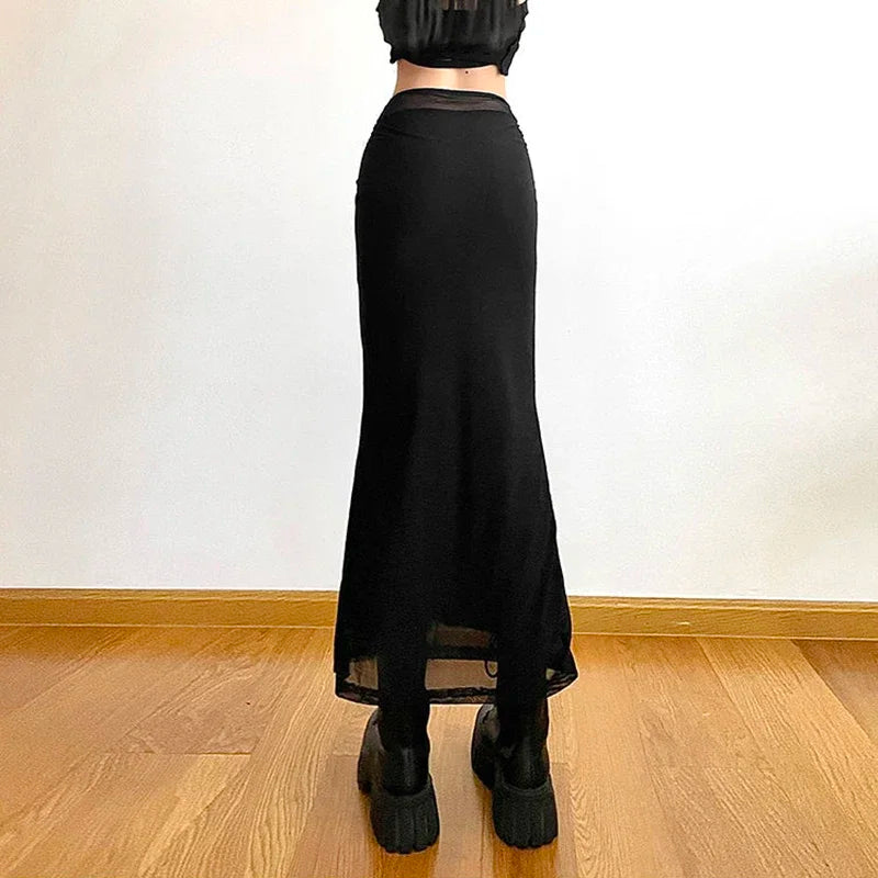 Y2K Black Long Skirts Women Harajuku Sexy Mesh Patchwork Wrap Skirt Summer Gothic Korean High Waist Slim A Line Faldas New skirt LUNARITY GARAGE