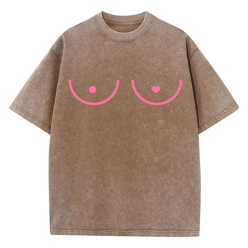 Heart Graphic Washed Cotton T-Shirt - Y2K Loose Retro Short Sleeve Tee Tshirt LUNARITY GARAGE Brown S