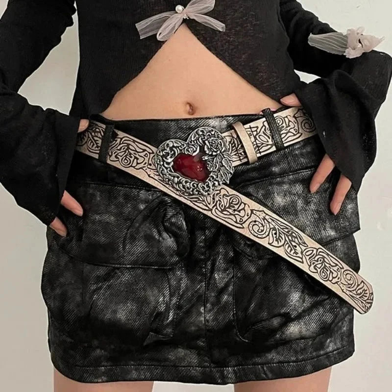 Gothic Punk Y2K Heart Buckle Belt - Red Peach Leather Waistband for Women Belt LUNARITY GARAGE