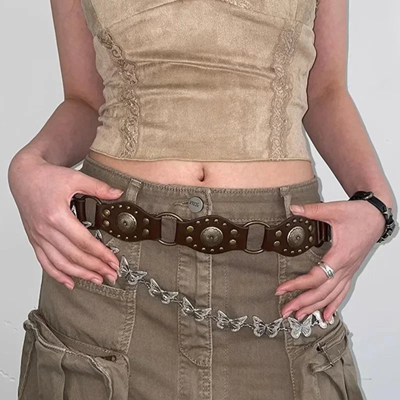 Vintage Circle Rivet Wide Belt - Cowboy Hollow PU Girdle Punk Metal Buckle belt LUNARITY GARAGE