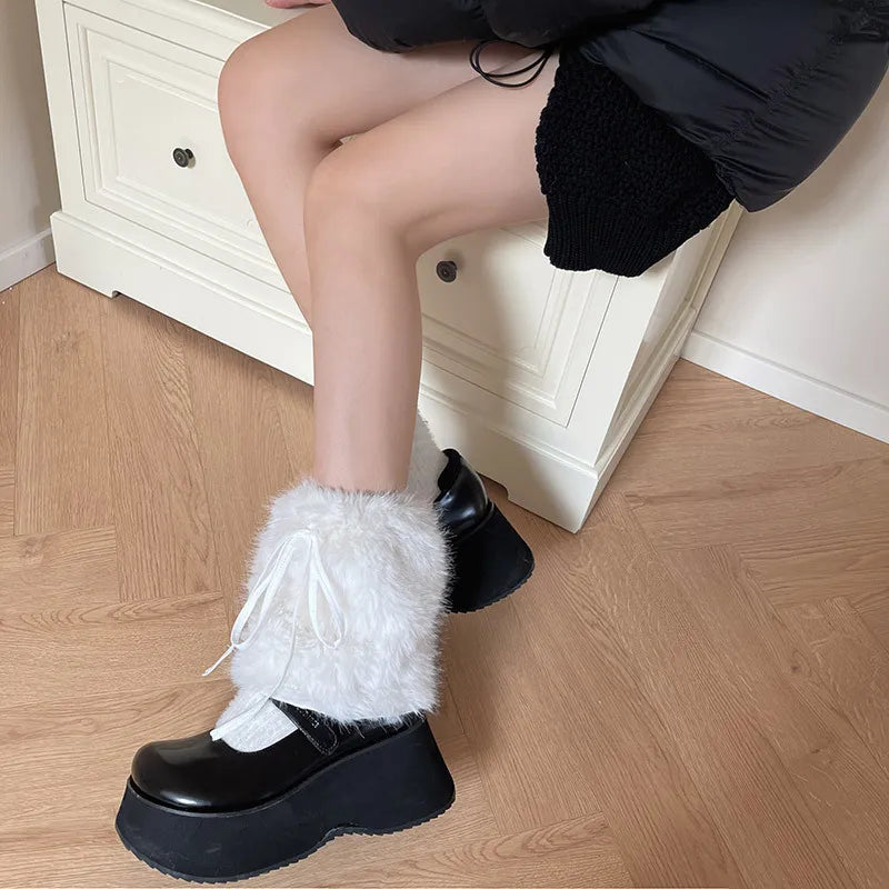 JK White Bow Tie Leg Warmers with Faux Rabbit Fur Ball – Thick Plush Y2K Winter Boots Cover Socks Leg Warmers LUNARITY GARAGE
