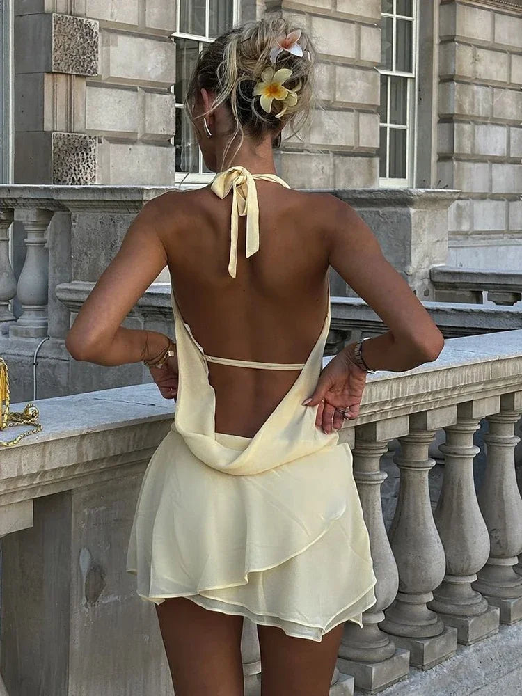 Draped Backless Halter Mini Dress – Sexy See-Through Deep V Neck Lace Up Beach Dress for Women Dress LUNARITY GARAGE