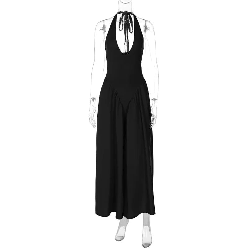 Backless Deep V Spliced Long Dress | Summer Women's Sexy Party & Halter Fashion Slim White Sleeveless Dress Dress LUNARITY GARAGE Black S