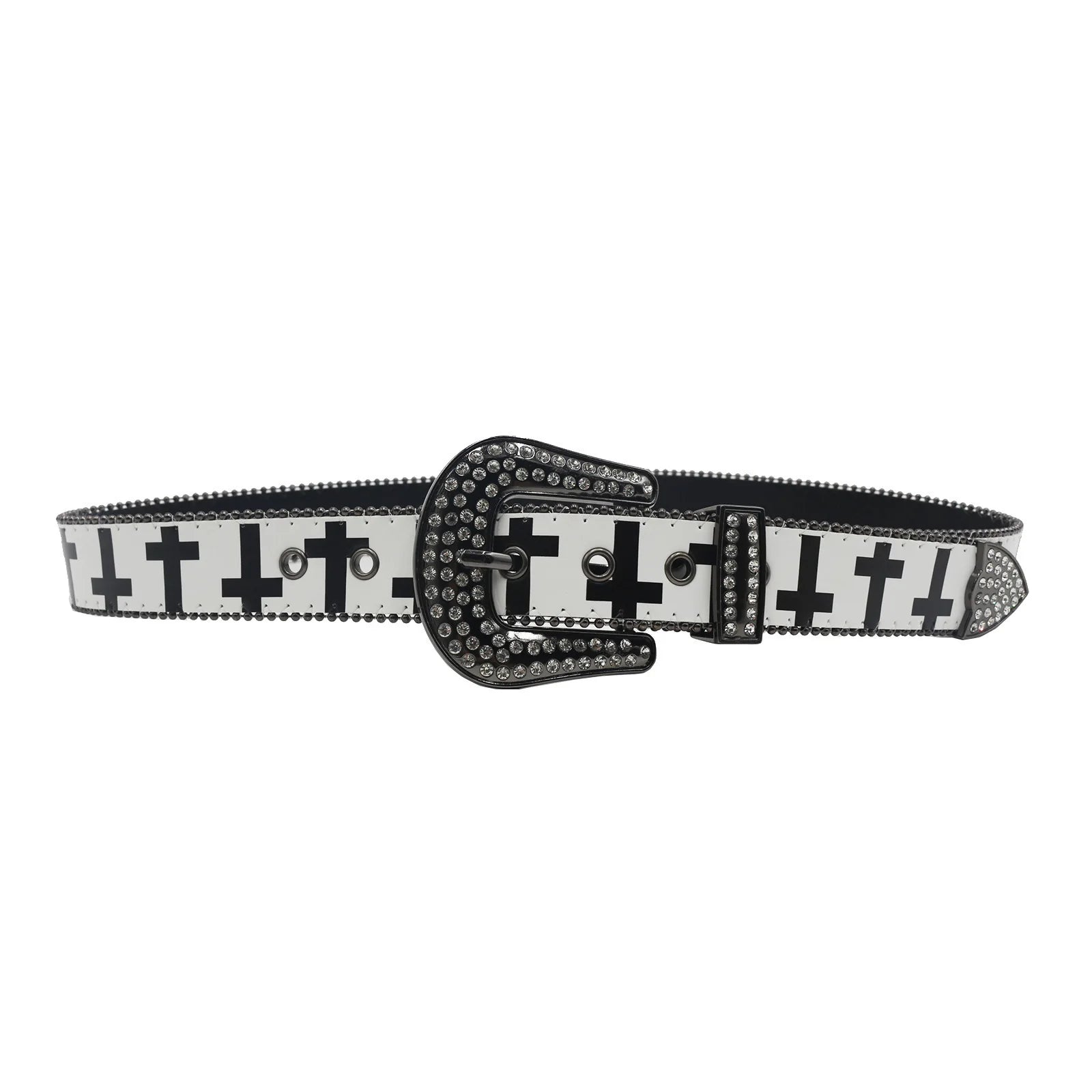 Black & White Cross Rhinestone Belt - Y2K Gothic Trend PU Leather Belt LUNARITY GARAGE