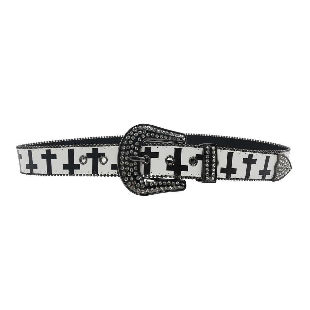 Black & White Cross Rhinestone Belt - Y2K Gothic Trend PU Leather Belt LUNARITY GARAGE