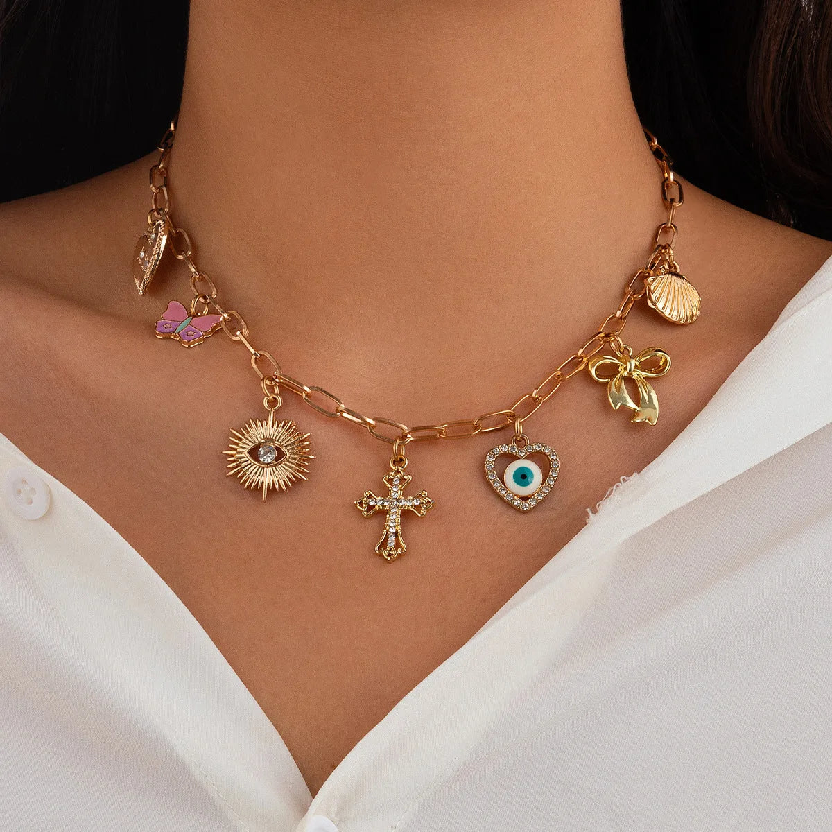 14K Gold Boho Seashell Cross Charm Necklaces Necklace Lunarity Garage 04  