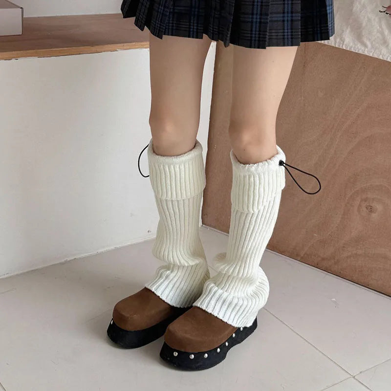 Elastic Drawstring Knitted Leg Warmers – Y2K Winter Calf Socks for Women, Korean JK Style Leggings Leg Warmers LUNARITY GARAGE