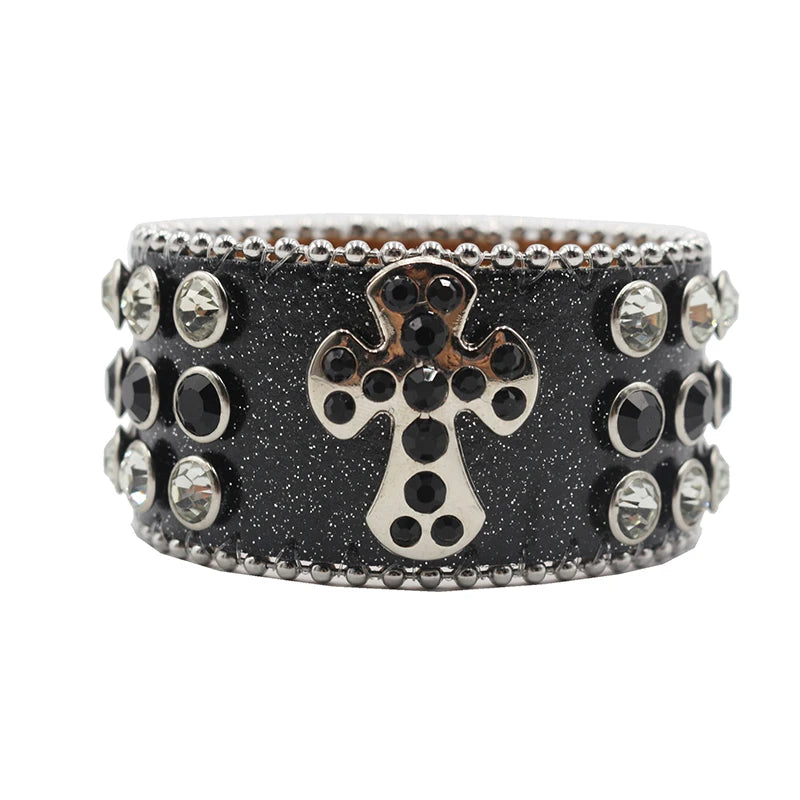 Designer PU Leather Rhinestone Cross Bracelet – Western Bling Statement Piece Bracelets LUNARITY GARAGE Shiny-Black