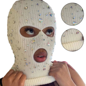 Bling Bling Jeweled Balaclava – Rhinestone Face Cover & Hooded Neck Warmer Balaclavas LUNARITY GARAGE White