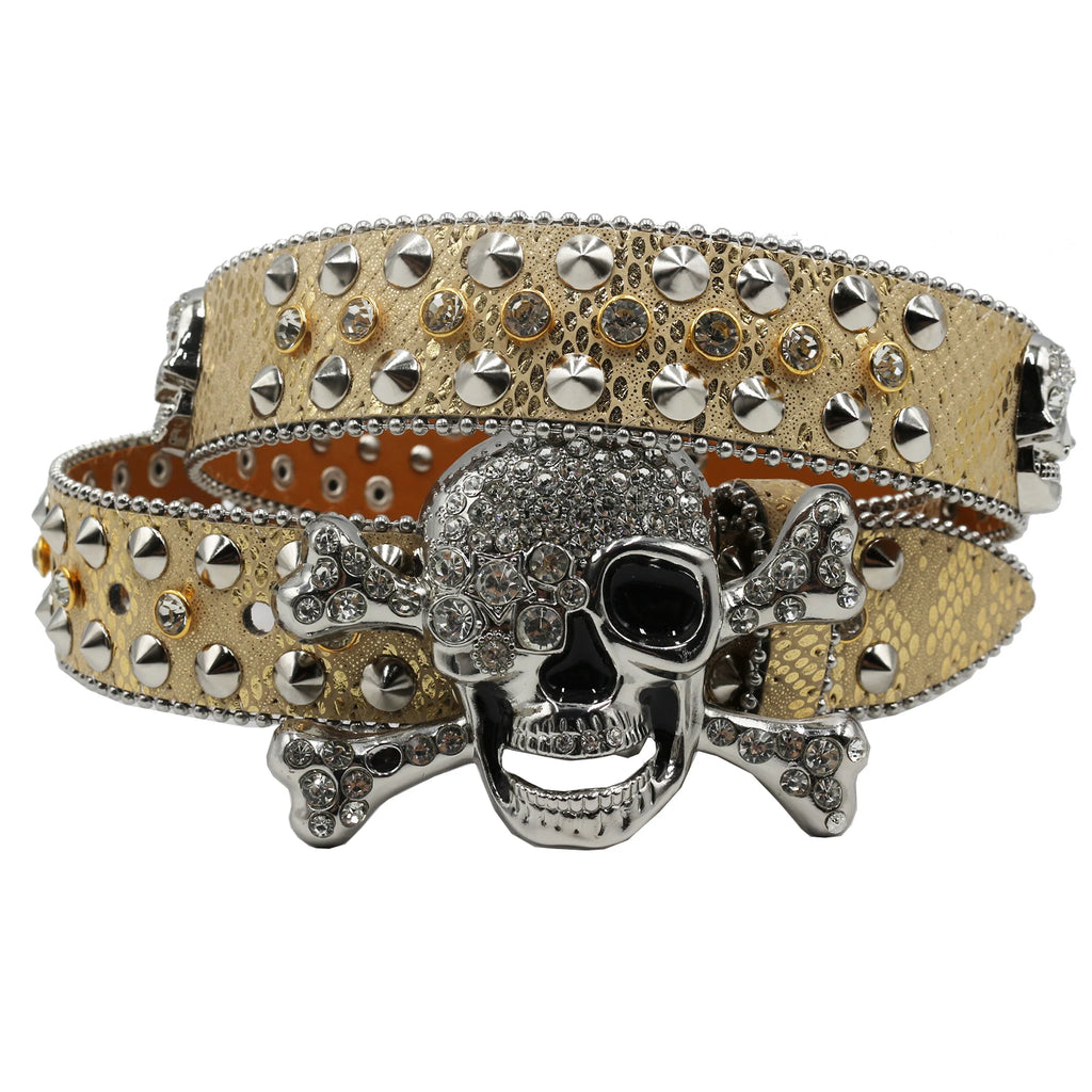 Skull Rhinestone Cowboy Belt – European & American Style Pin Buckle belt LUNARITY GARAGE JD-KLT-Gold 105CM