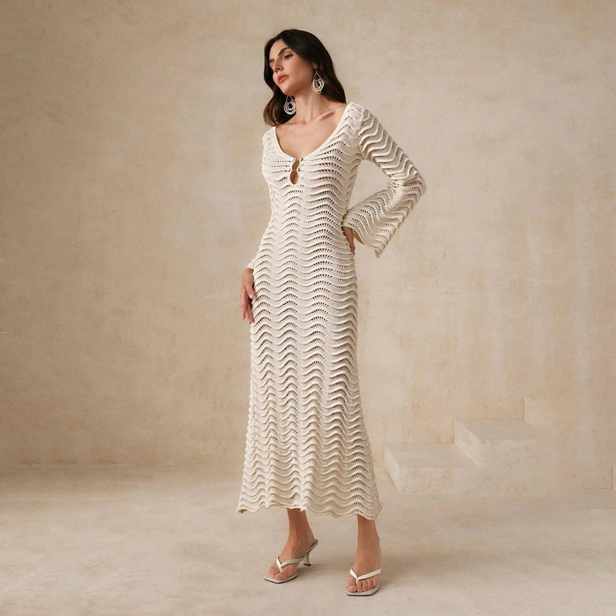 Crochet Fishtail Flare Sleeve Maxi Dress | Knit Beach Hollow Out Deep V-Neck Bikini Cover-Up covers up LUNARITY GARAGE